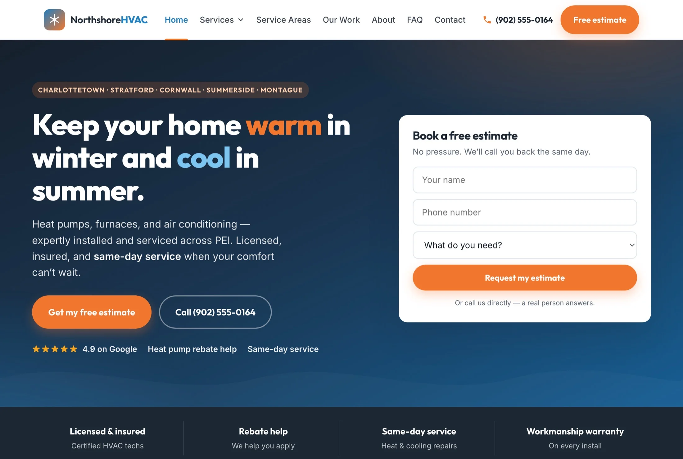 Northshore Heating & Cooling website, homepage screenshot